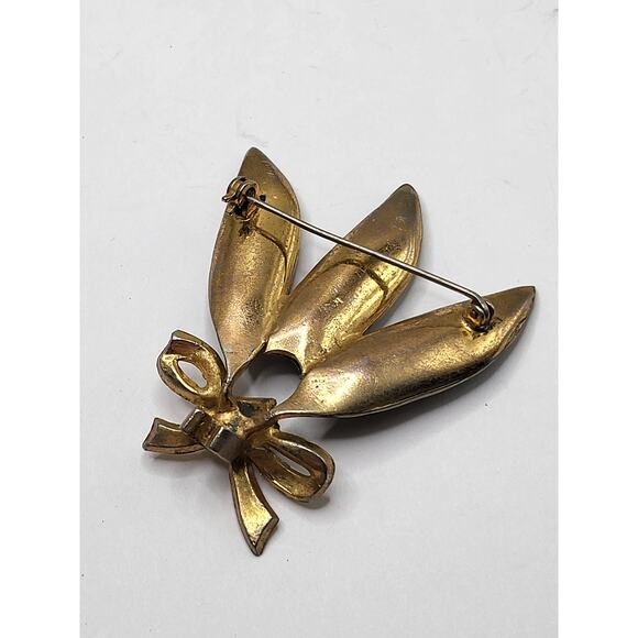 Vintage green enamel leaf brooch gold tone bow rhinestones mid-century jewelry - Picture 6 of 8